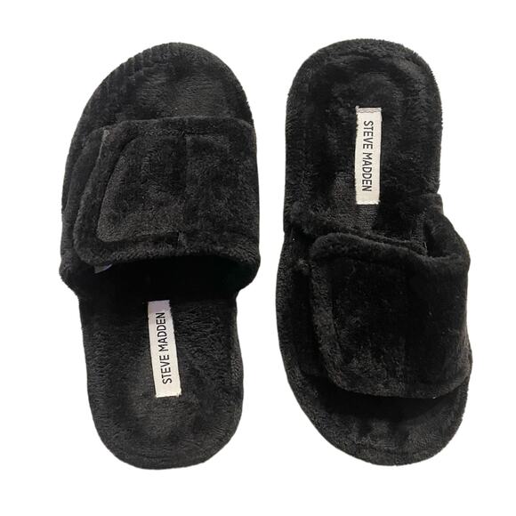 Steve Madden Shoes - Steve Madden Faux Fur Open Toe Flat Slip-On Ezri Slide Slippers Black SZ 8